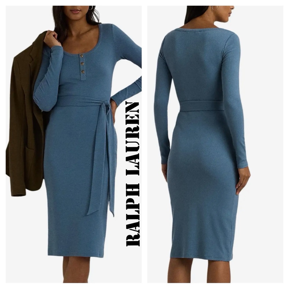 RALPH LAUREN LONG SLEEVE BELTED HENLEY MIDI DRESS MEDIUM BLUE STEEL